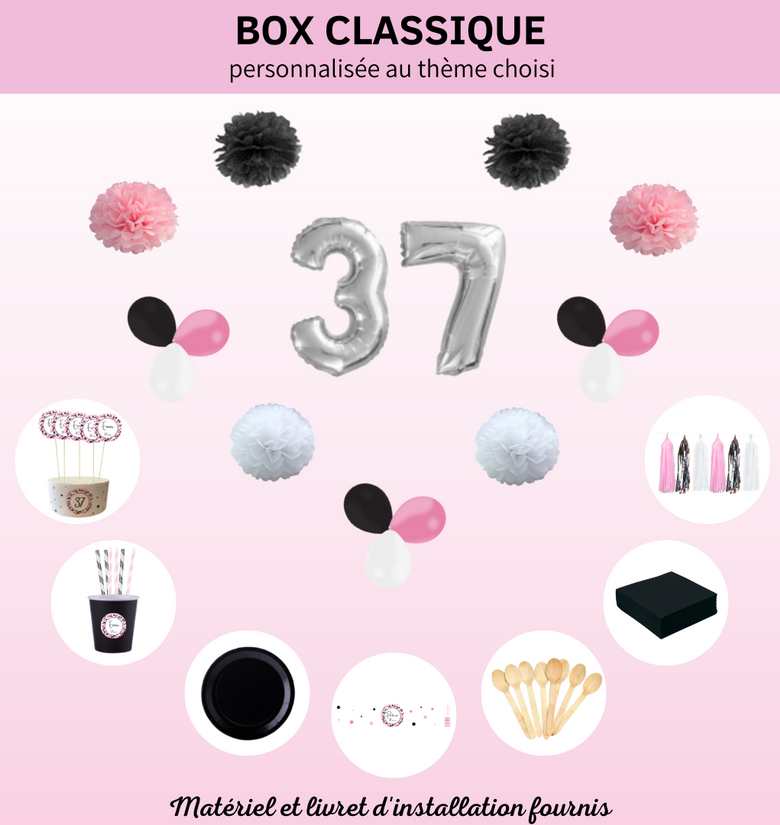 Box décoration personnalisée anniversaire rose et noir, DFEvents