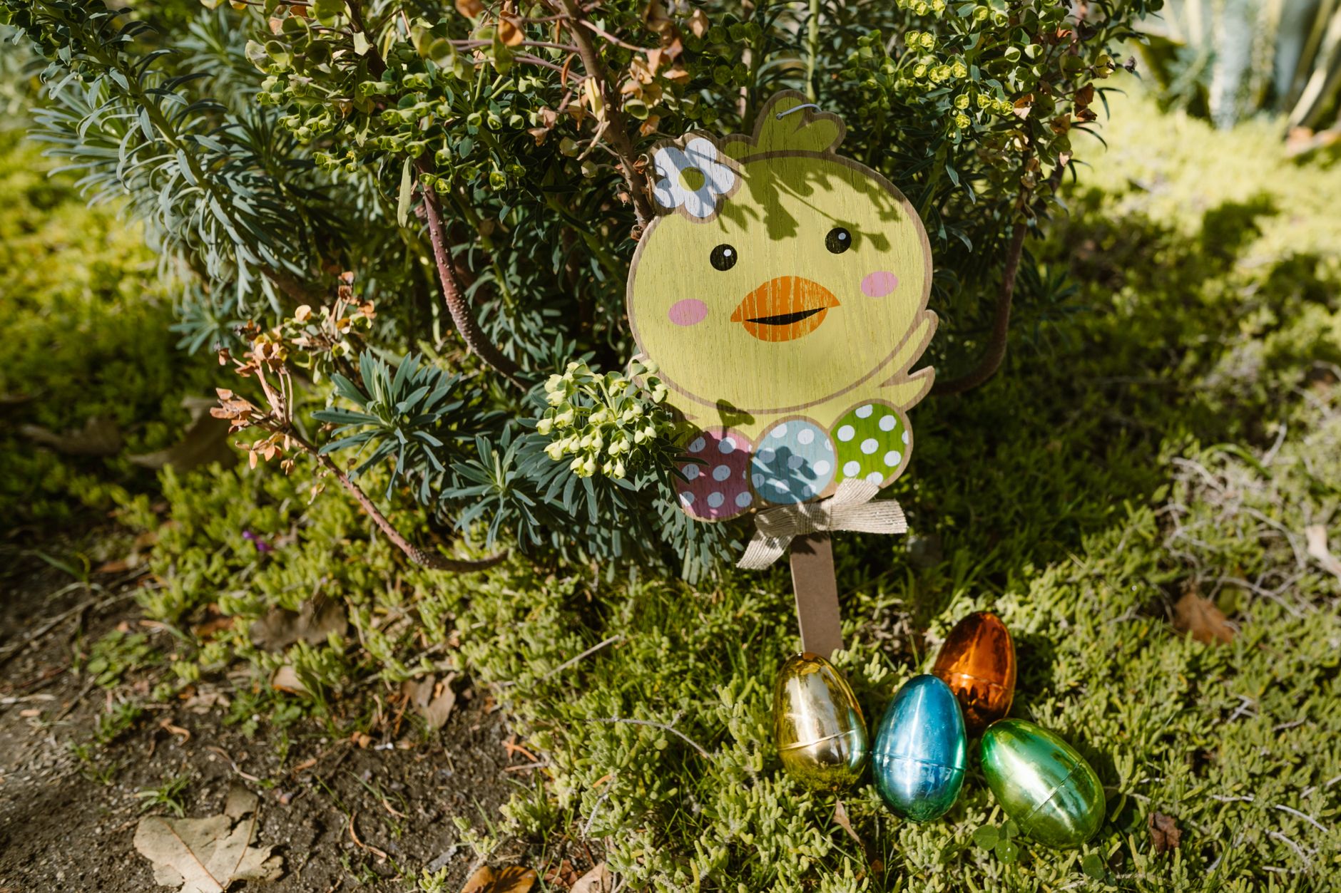 Décor de Pâques avec œufs et poussin dans un jardin